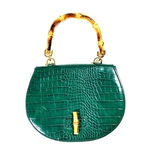Green Crocodile Embossed Handbag Bamboo Handle